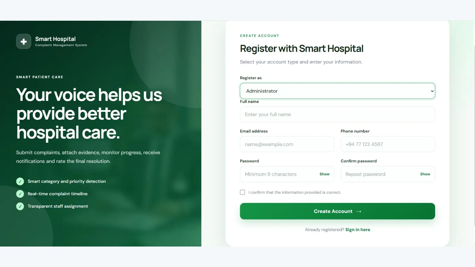Smart Hospital complaint management dashboard interface