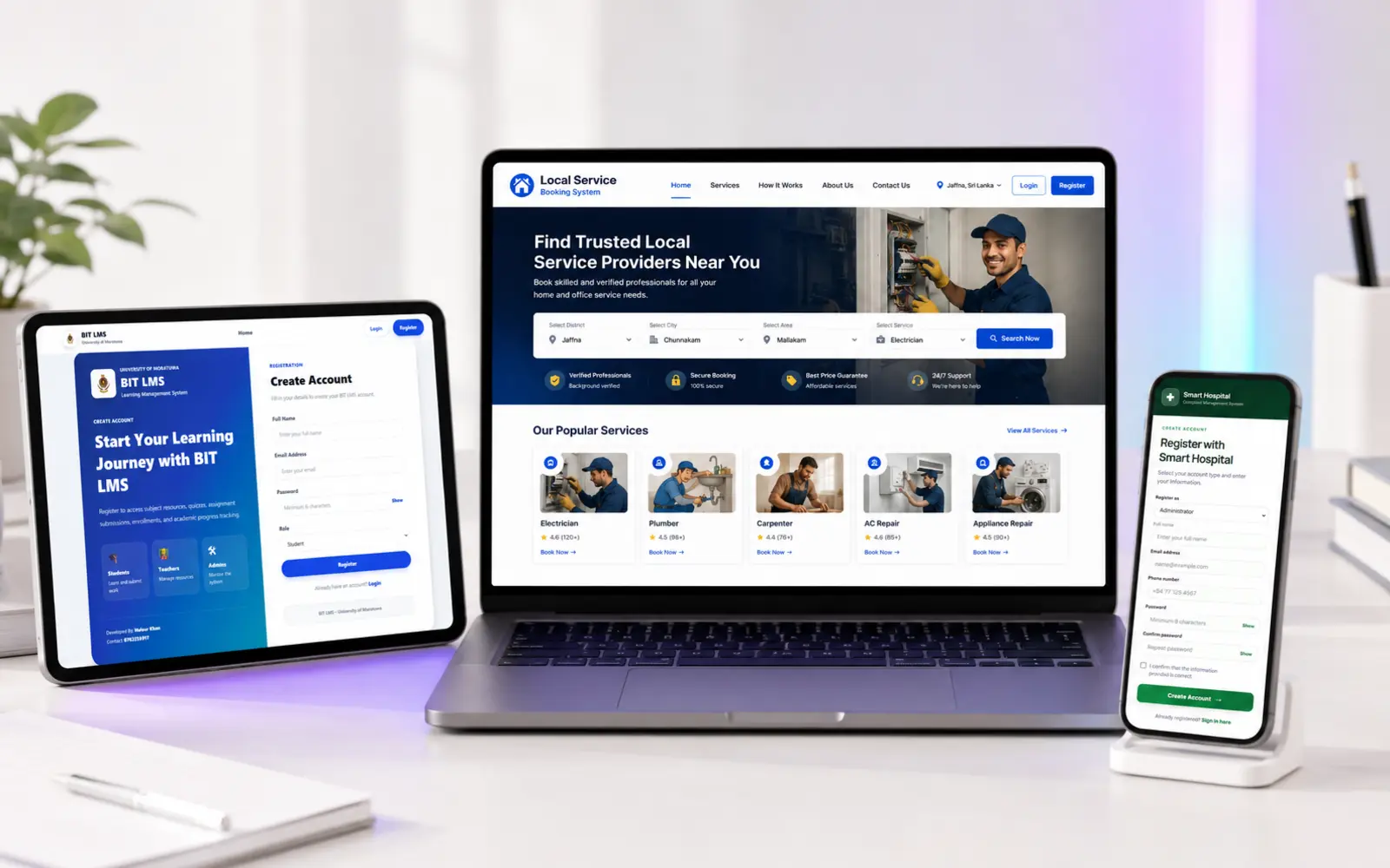 WebFixPro portfolio showing Local Service, BIT LMS and Smart Hospital projects
