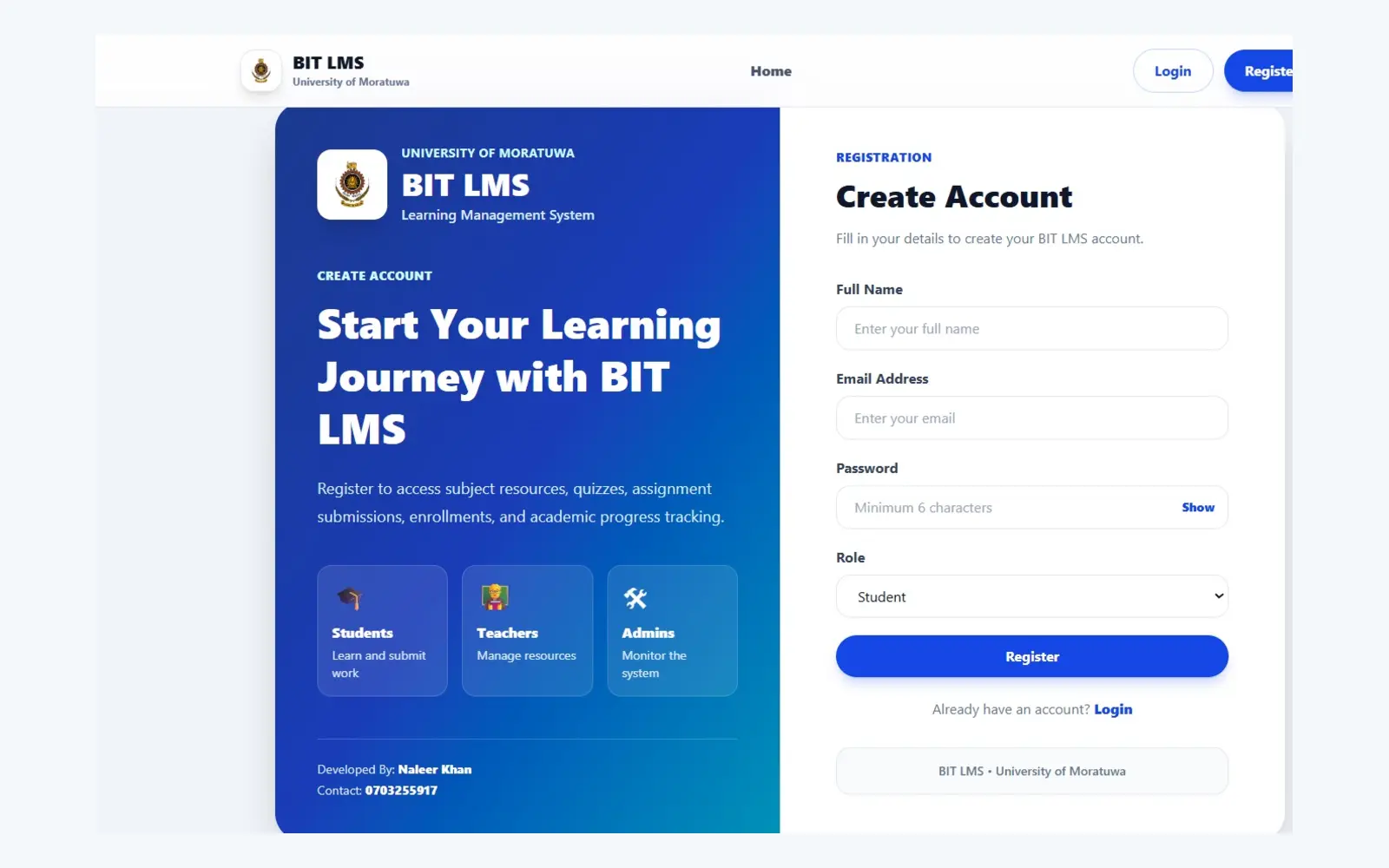BIT LMS registration interface for students, teachers and administrators